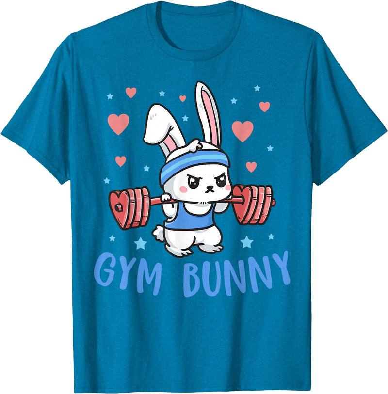Gym Bunny Hearts Barbell Funny Workout Clothes Lift Weights T-Shirt in Sapphire Blue