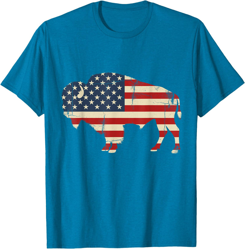 Bison American Buffalo Patriotic Heritage Lr Vintage Buffalo American Flag USA Bison Lover Wildlife T-Shirt - Sapphire Blue