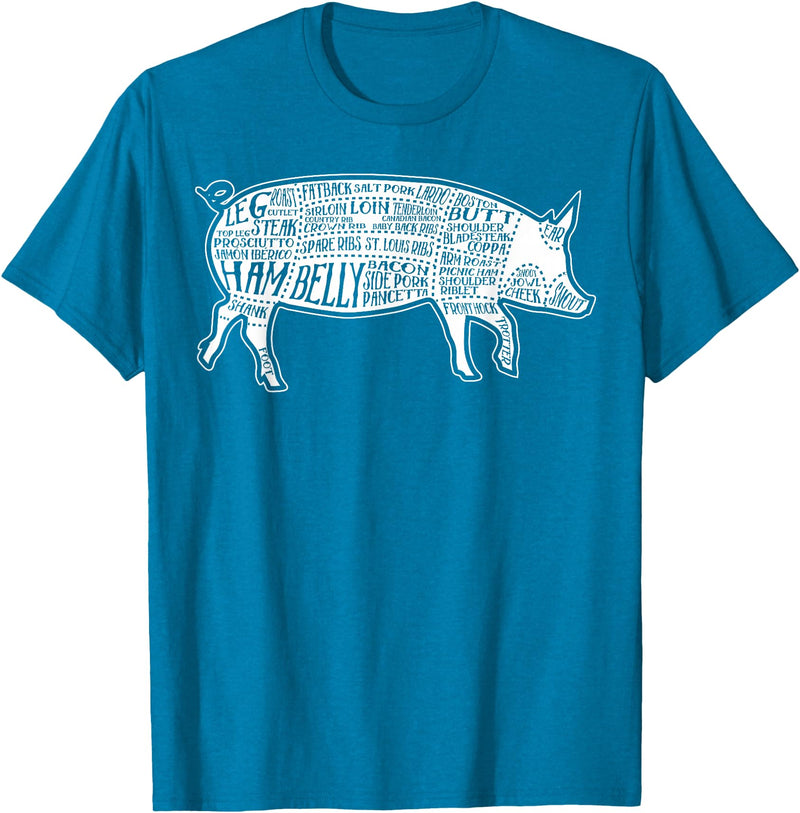 Pig Grilling Pork BBQ Bacon Lover Fun Gift Idea Lard Cuts Image Pig Parts Diagram Illustration Butcher Print T-Shirt - Sapphire Blue