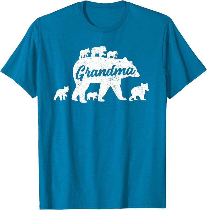 Matching Bear Family Apparel Vintage Grandma Bear with 6 Cub Mother's Day T-Shirt - Sapphire Blue