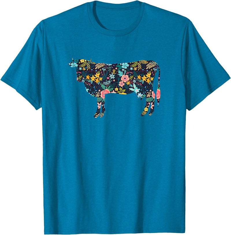 Cow Floral Silhouette Cattle Farm Lover Floral Cow Silhouette Womens Girls Cow Farm Animal T-Shirt - Sapphire Blue
