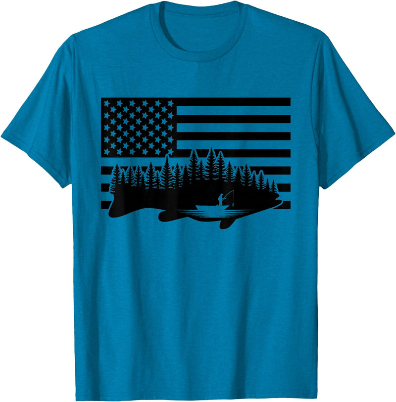 BASBO American Flag Fishing T-Shirt - Grey, Small, Unisex, Short Sleeve, Crew Neck, Classic Fit, Polyester 100%, Imported, Fishing Enthusiasts, Kids - Sapphire Blue