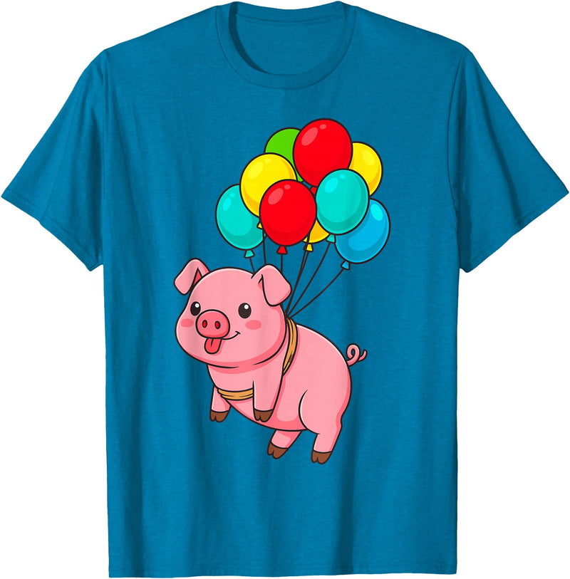 Uniquely Funny Pig Farmer Gifts Pig Flying with Balloons T-Shirt - Sapphire Blue