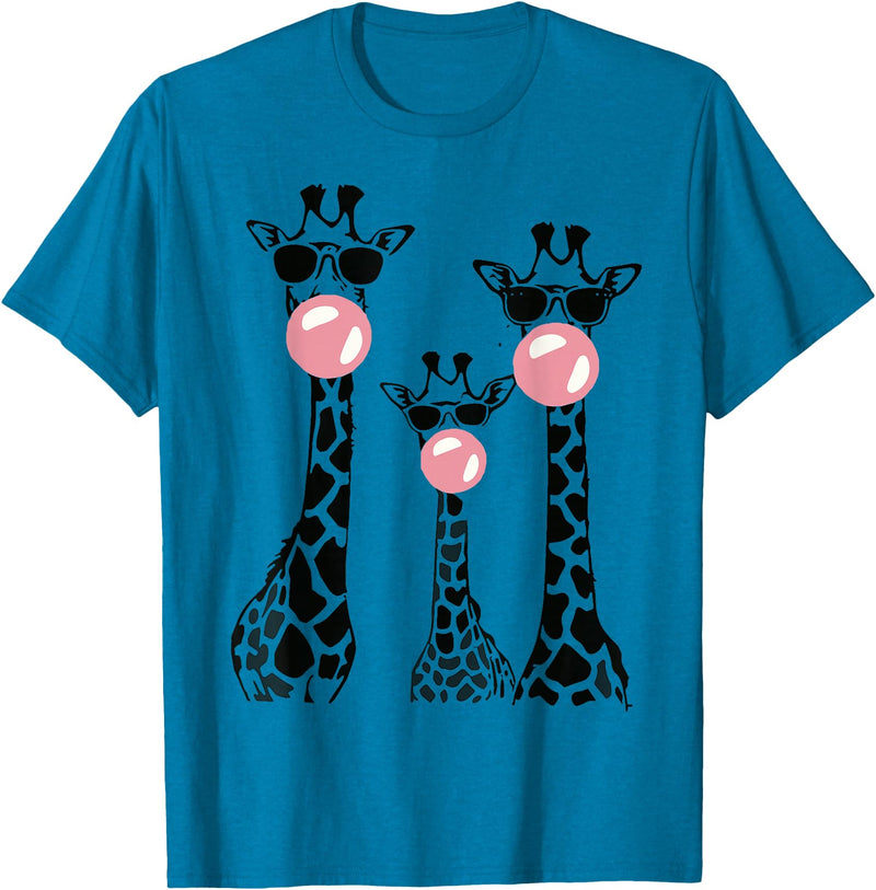 Bubble Safari Graphics Cute Giraffe Trio Blowing Bubble Gum with Sunglasses T-Shirt - Sapphire Blue
