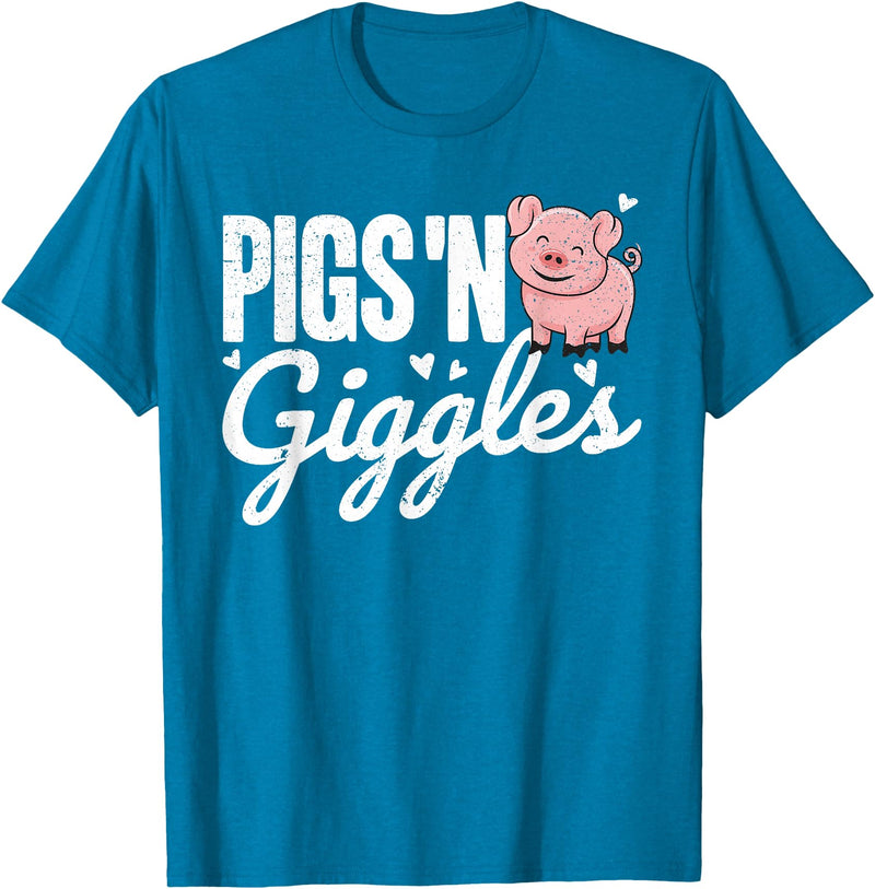 The Cute Pig Farming Apparel Co. Pigs 'n Giggles Funny Farm Pig Farmer Pigs Women Girls T-Shirt - Sapphire Blue