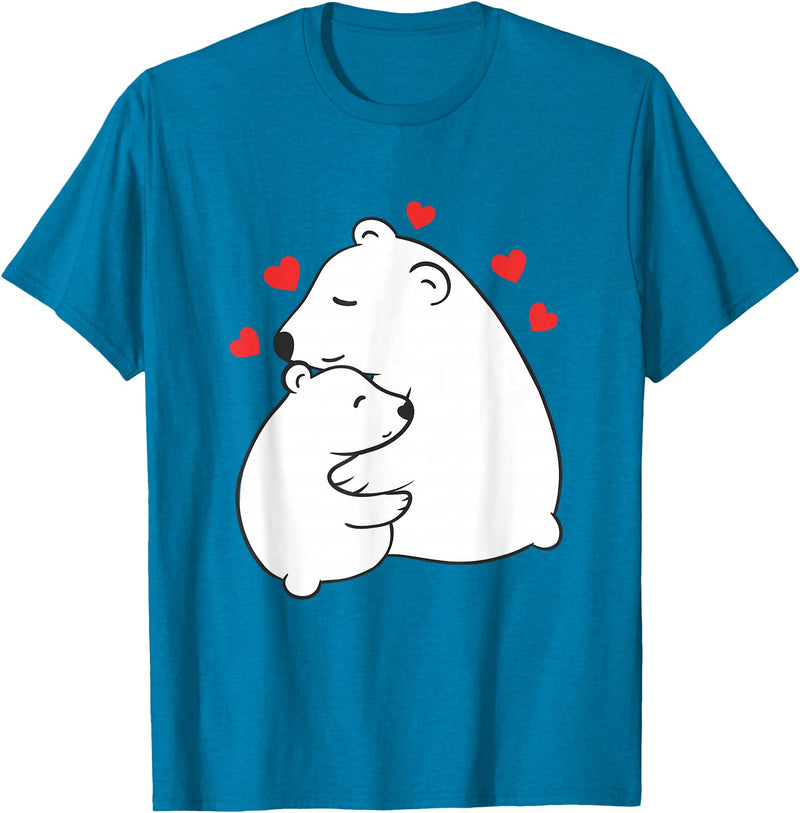 Mother's Day Clothing Gift Idea Cute Mama and Baby Polar Bear Cub Hugging Mothers Day T-Shirt - Sapphire Blue