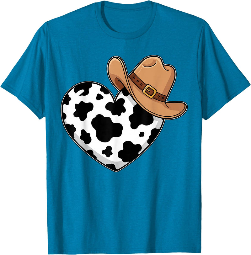 Magical and Funny Western Gifts Western Cow Print Heart Cowboy Cowgirl T-Shirt - Sapphire Blue