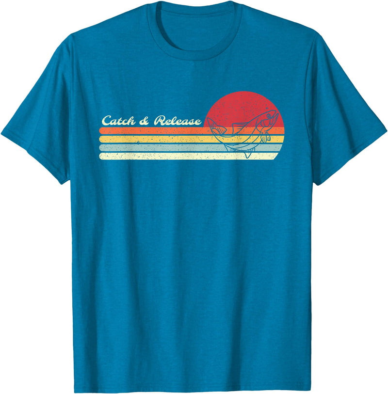 Retro Sunset Brook Trout Salmon Fisherman Designs Angler Catch & Release Trout Fly Fishing Vintage Distressed T-Shirt - Sapphire Blue