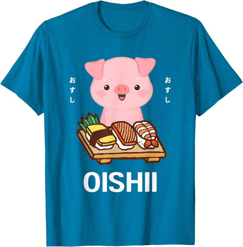 Cute Pig Eats Sushi Japanese Food Lover Cute Kawaii Pig Eats Sushi Japanese Food Lover Otaku T-Shirt - Sapphire Blue
