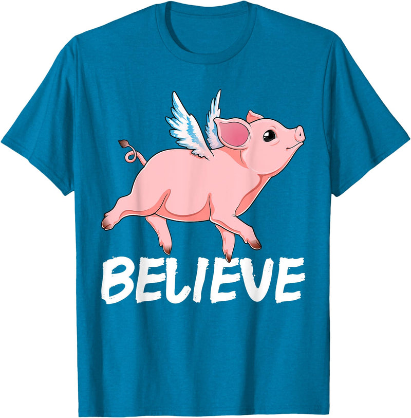 GoshWow Flying Pig Believe Pigs Fly Believe Idiom Motivational T-Shirt - Sapphire Blue