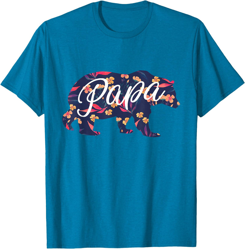 Bahaa's Tee Best Daddy Ever, I Love You Dad, Floral Papa Bear Graphic T-Shirt - Sapphire Blue