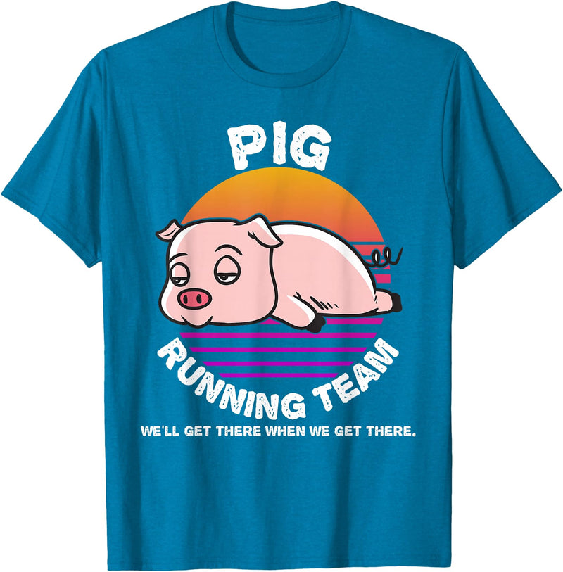 Running Shirts by CrushRetro Funny Farm Pig Running Team Shirt Kids Men Women Gift T-Shirt - Sapphire Blue