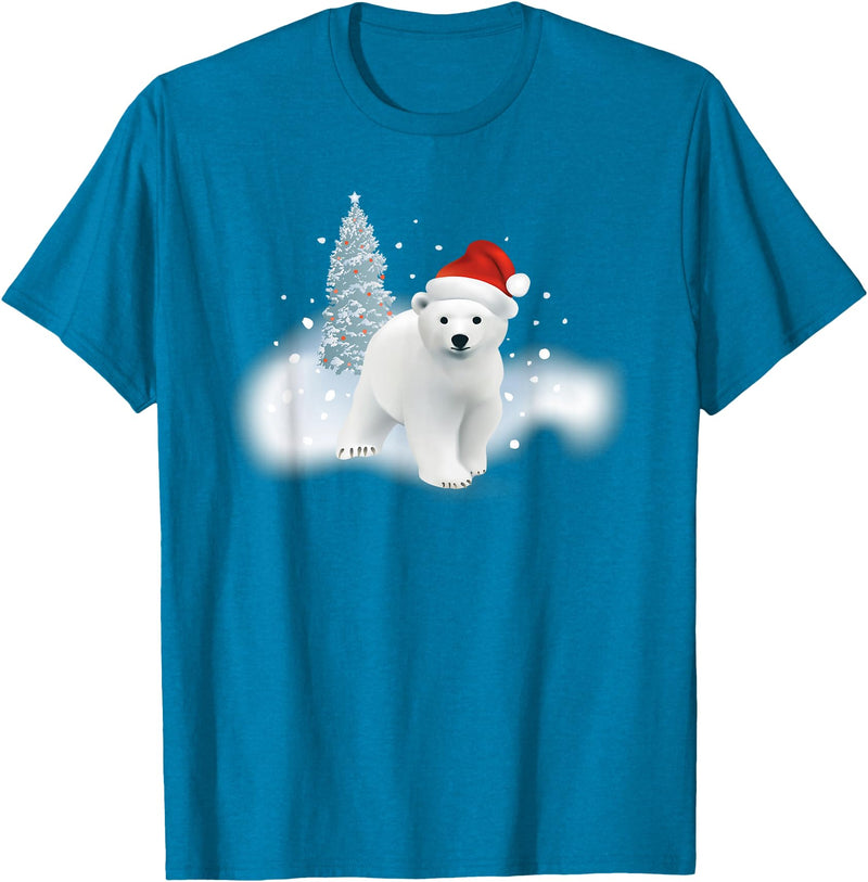 Happy Holiday Season Snow Gifts For Women Cute Christmas Polar Bear Red Santa Hat Lighted Tree Snow T-Shirt - Sapphire Blue