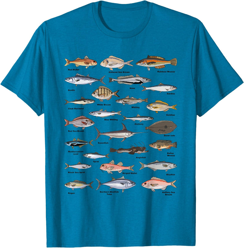 Botanical Chart Apparel Co. Vintage Fish Identification Chart Fishing T-Shirt - Sapphire Blue