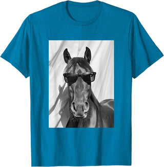 Funny Animal Photography Clothing Co. Cute Horse with Sunglasses Farm Animal Photo Booth T-Shirt - Sapphire Blue
