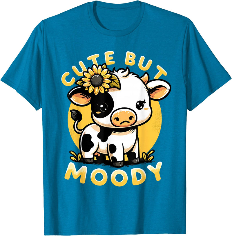 Cowgirl & Cow Lover Calf Gifts for Girls &Women Cute But Moody, Cute Cow, Kids, Farm & Baby Cow Sunflower T-Shirt - Sapphire