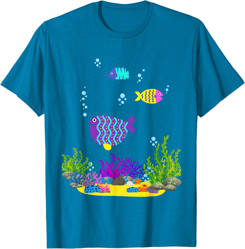 Cute Cartoon Sealife Art Hawaiian Triggerfish Coral Funny Tropical Fish Cartoon Art T-Shirt - Sapphire Blue