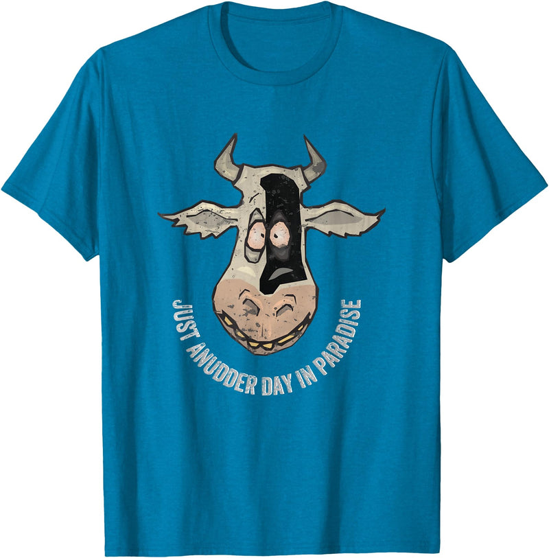 Outstanding in the Field Just Anudder Day in Paradise Funny Cow Farmer Dairy T-Shirt - Sapphire Blue
