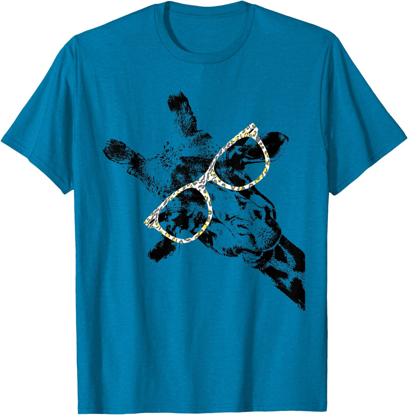 Giraffe Print Clothes Hipster Merch Giraffe Tee Vintage Animal Leopard Print Glasses T-Shirt - Sapphire Blue