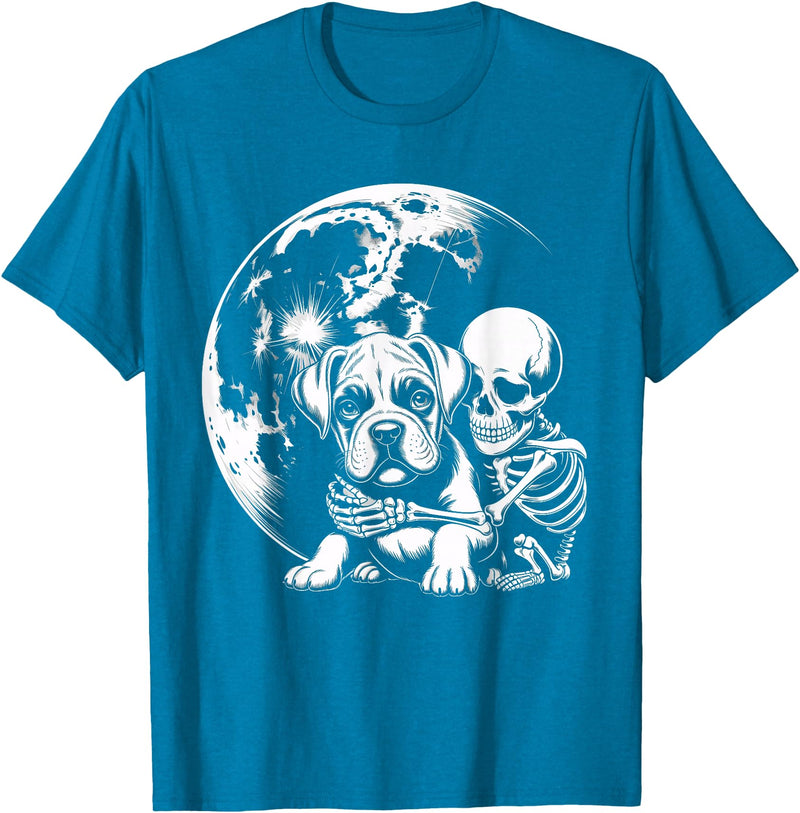 Cute Skeleton Boxer Dog Halloween Women Men Skeleton Hugging Dog Halloween Boxer Lover Mom Dad T-Shirt - Sapphire Blue