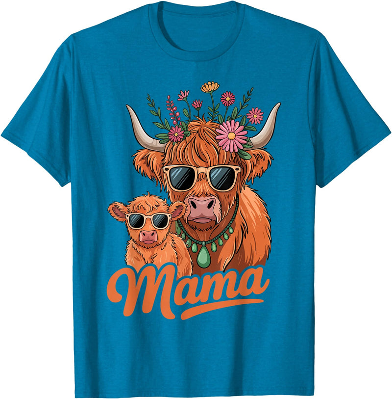 Scottish Farm Matching Mom Daughter Highland Cow Highland Cow Mama Mom Baby Calf Daughter Floral Mothers Day T-Shirt -