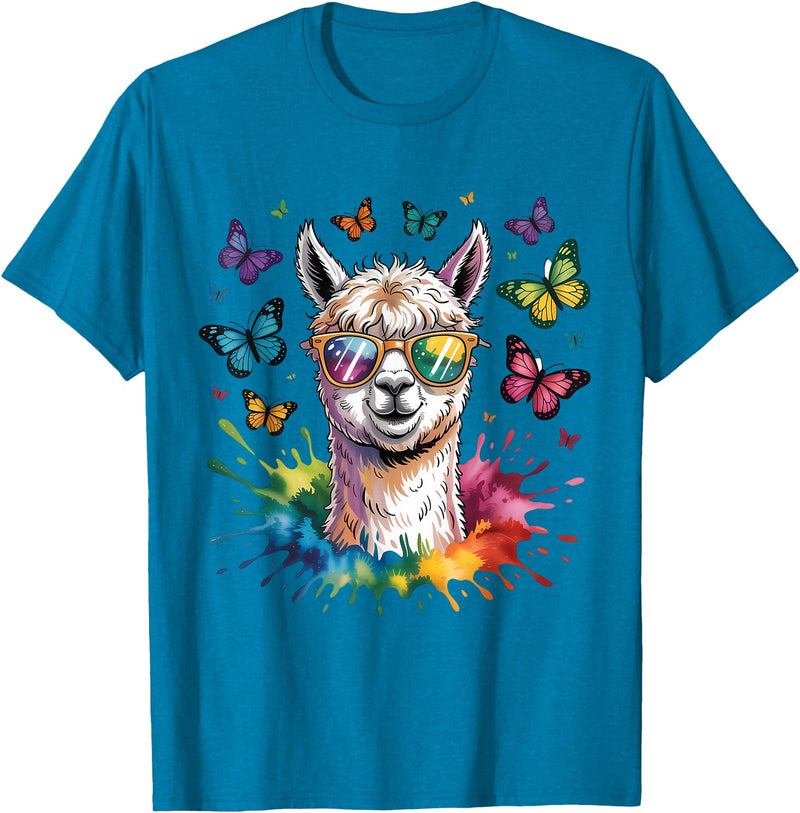 Funny Llama Lover Graphics Cute Llama with Sunglasses Animal Art Graphic Funny Alpaca T-Shirt - Sapphire Blue