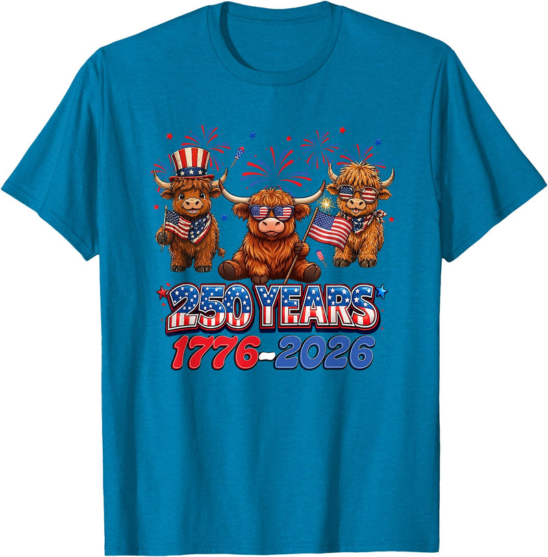 Scottish Highland Cow Print 250th Anniversary Gift 250 Years America Anniversary Cow 4th July America 1776 2026 T-Shirt -