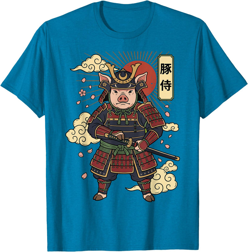 Samurai Pig Anime Japan Pig Samurai Japanese Warrior T-Shirt - Sapphire Blue