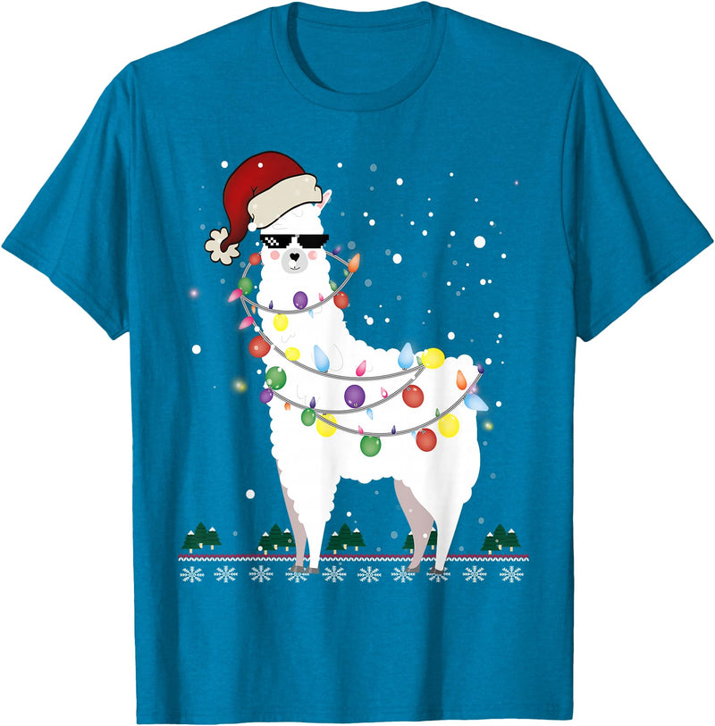Christmas Llama Santa Hat Ugly Xmas Tee Christmas Llama Santa Hat Ugly Xmas Tree Alpaca Gift T-Shirt - Sapphire Blue
