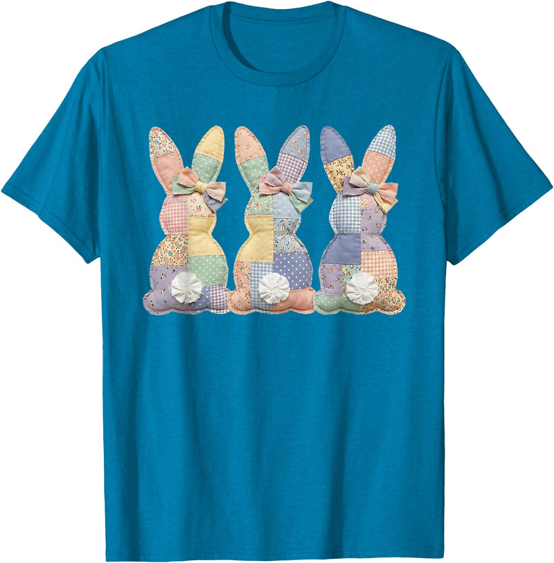 Easter Patchwork Bunny Cute Bunny Rabbit Coquette Lace Bow T-Shirt in Sapphire Blue