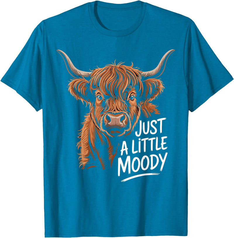Scottish Highland Cow Lovers men woman kids Highland Cow Just A Little Moody Flower Cattle Hairy Cow T-Shirt - Sapphire Blue