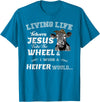 apparelaxArt Living Life Somewhere Between Jesus Take The Wheel Cow T-Shirt - Sapphire Blue