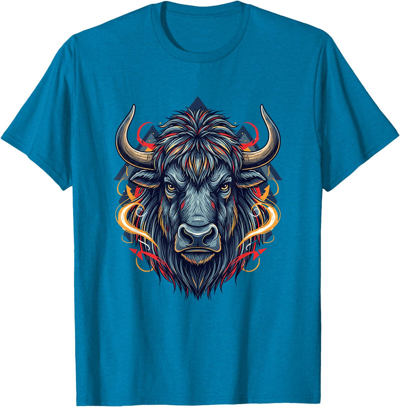 Wild Buffalo Bison Tribal Western Spirit Fierce Wild Bison Head Tribal Geometric Buffalo T-Shirt - Sapphire Blue
