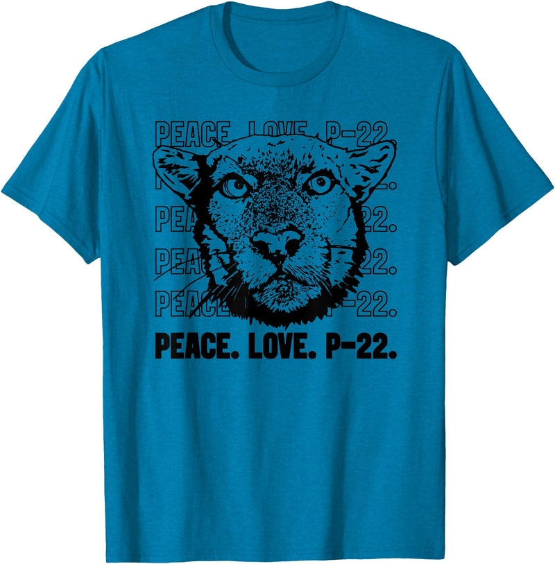 P22 Mountain Lion Tee Shirts for Nature Lovers P-22 Mountain Lion Legend LA California Art P22 Peace Love T-Shirt - Sapphire Blue