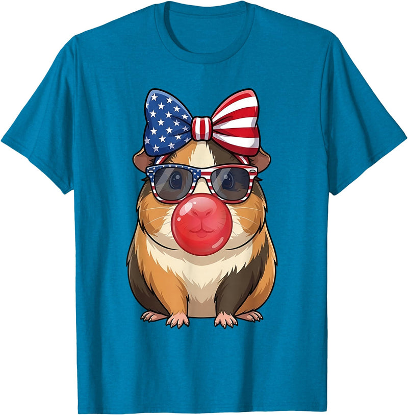 Cute Guinea Pig Bubble Gum Coquette Bow Girls Kids Patriotic Guinea Pig 4th of July Bow American Flag Girls T-Shirt - Sapphire Blue