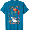 Cute Chinese New Year Rabbit for Women Watercolor Flowers T-Shirt in Sapphire Blue
