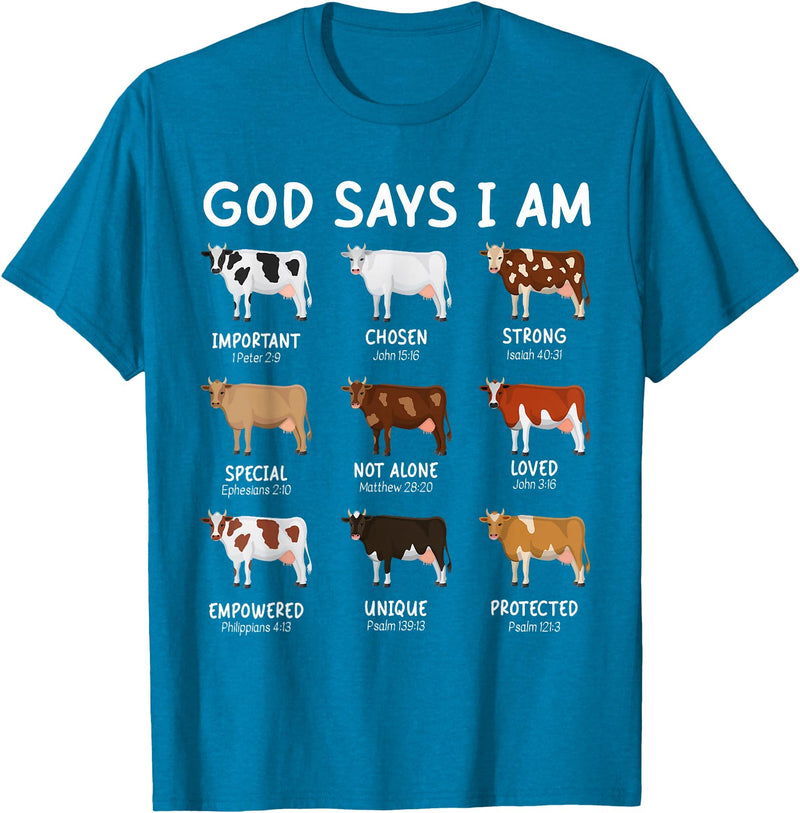 God Says I Am Christian Bible Verse Apparel God Says I Am Cute Heifer Cow Bible Verse Christian T-Shirt - Sapphire Blue