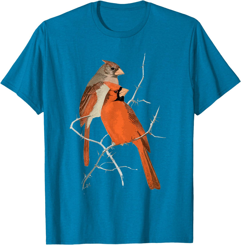 Red Cardinal Bird Male Female Vintage Red Cardinal Bird T-Shirt - Sapphire Blue