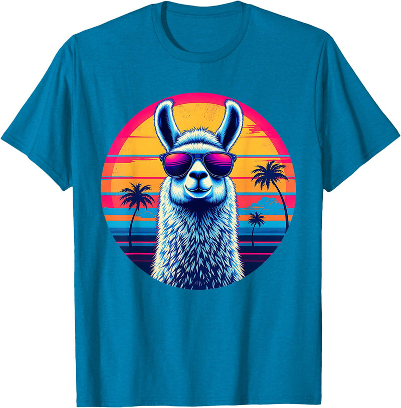 Llama Alpaca Vintage Art Co. Llama Alpaca Retro 80s Style T-Shirt - Sapphire Blue