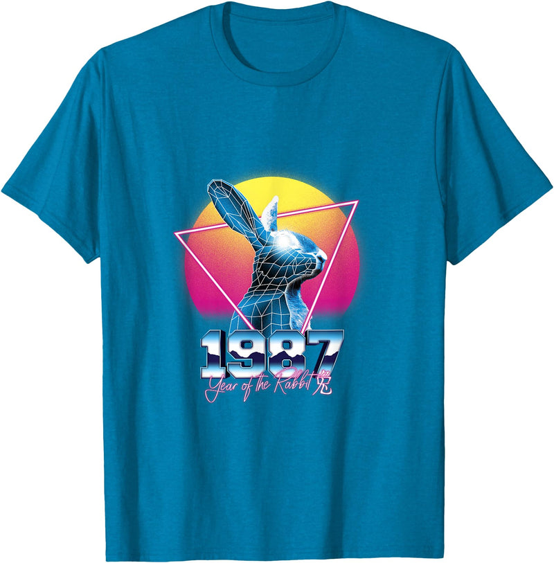 Chinese Year of Rabbit 1987 Birthday Zodiac Retrowave Retro T-Shirt in Sapphire Blue