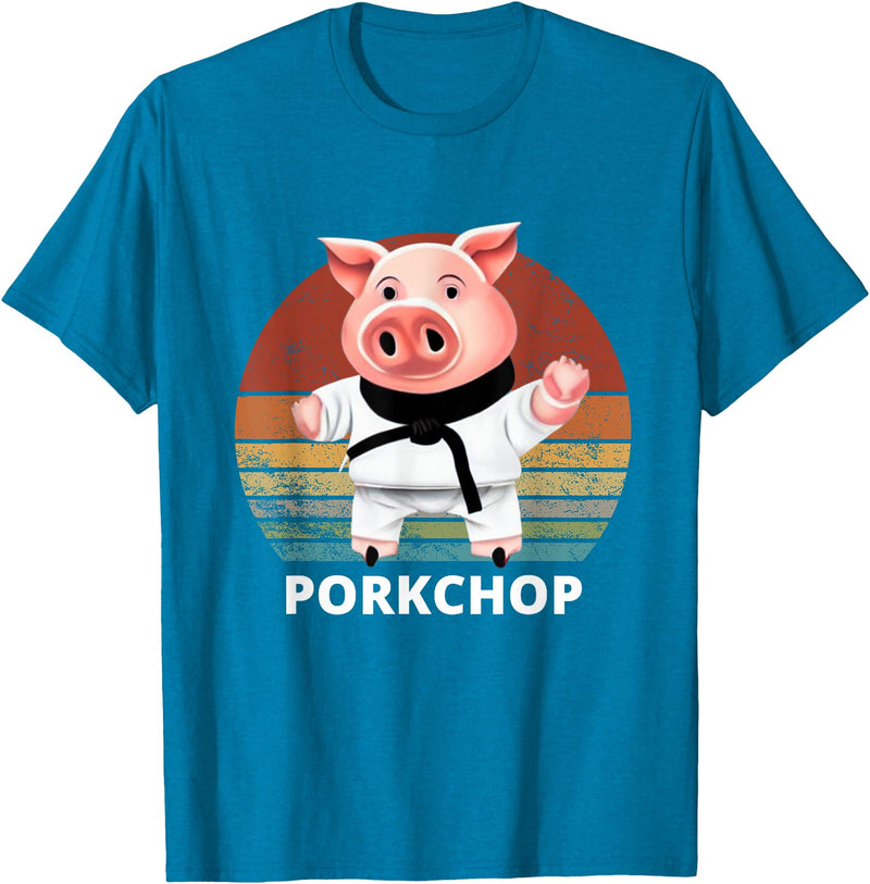 Animals Puns Pig Karate Pork Chop Pun T-Shirt - Sapphire Blue