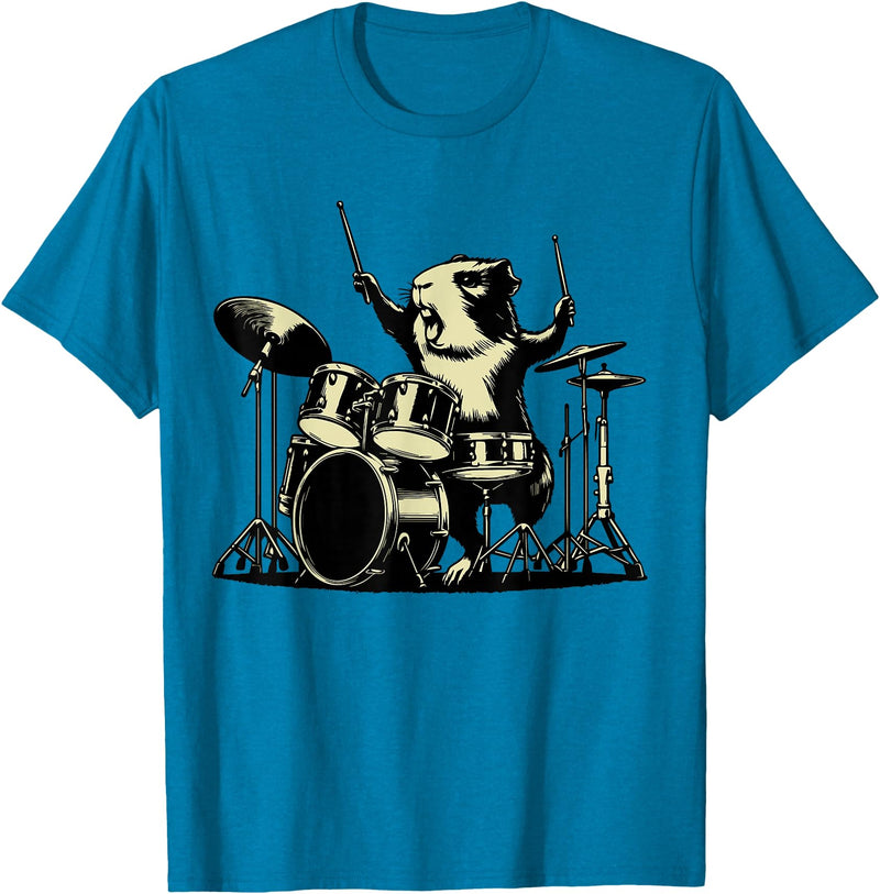Retro Drummer Guinea Pig Lover Rock Design Guinea Pig Drummer Rock Drummer Guinea Pig Playing Drums T-Shirt - Sapphire Blue