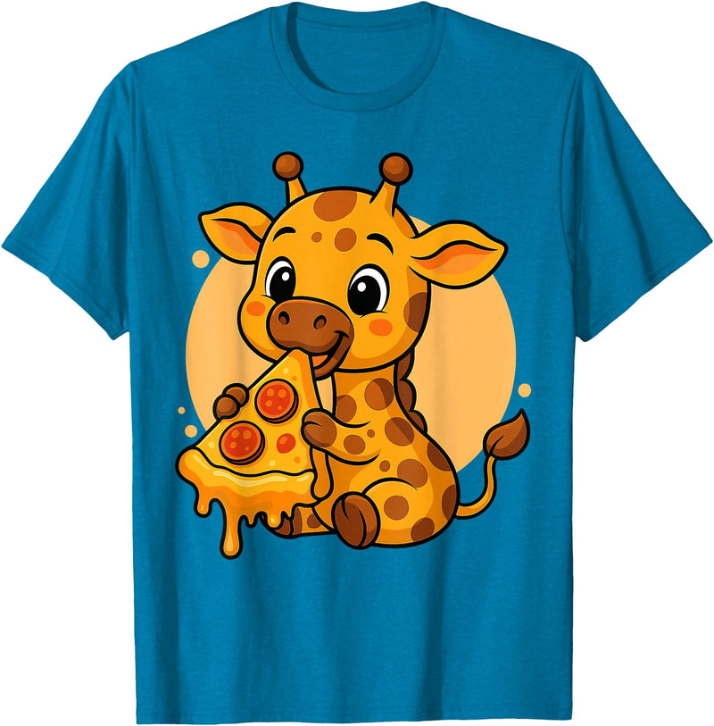 Giraffe Eating Pizza Graphic Design Funny Giraffe Eating Pizza Graphic Boys Girls Giraffe Lover T-Shirt - Sapphire Blue