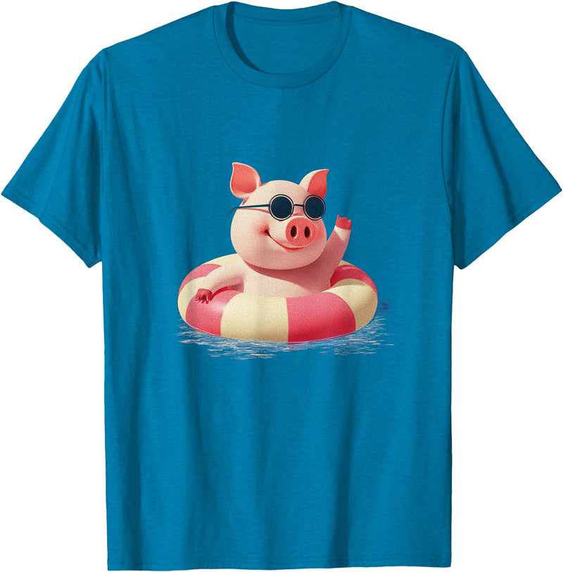 Vacation Pig Outfit Pig Sunglasses Graphic with Beach Ring T-Shirt - Sapphire Blue