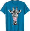 Wild Bubble Art Cool Giraffe Blowing Pink Bubblegum Sketch Art T-Shirt - Sapphire Blue
