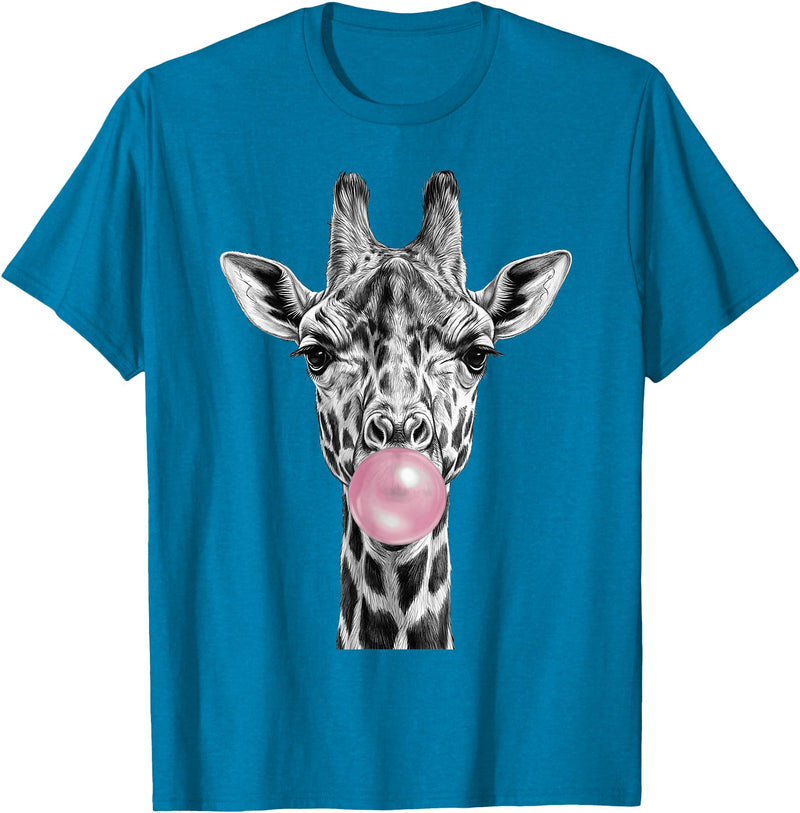 Wild Bubble Art Cool Giraffe Blowing Pink Bubblegum Sketch Art T-Shirt - Sapphire Blue