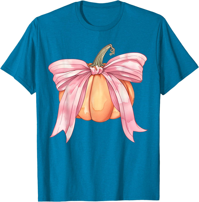 Coquette Halloween Tees NYC Coquette Autumn Pumpkin Pink Bow Girly Halloween Fall Women T-Shirt - Sapphire Blue