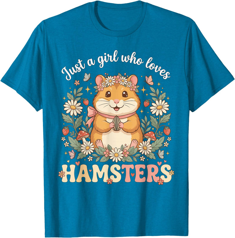 Just a Girl Who Loves Hamsters Cute Floral Pet Aesthetic T-Shirt - Sapphire Blue