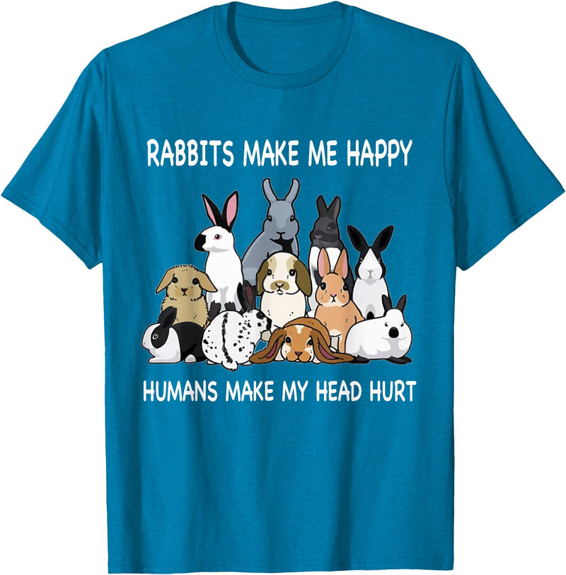 Rabbits Make Me Happy Humans Make My Head Hurt Funny T-Shirt in Sapphire Blue