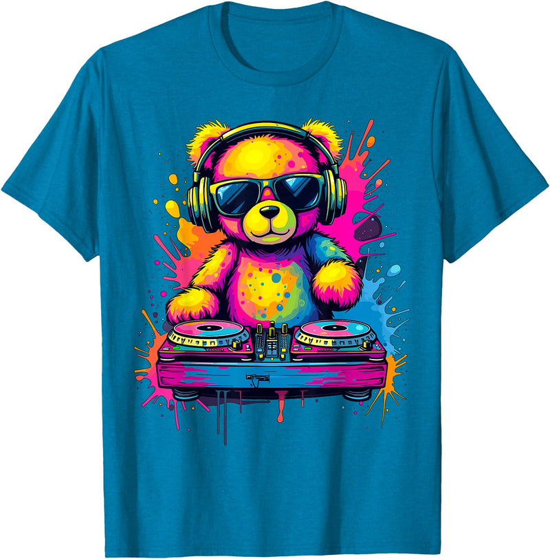 Magical and Funny DJ Gifts Colorful DJ Teddy Bear T-Shirt, Unisex-Kids, Black, Small, Long Sleeve, Classic Fit, Polyester 100% - Sapphire Blue